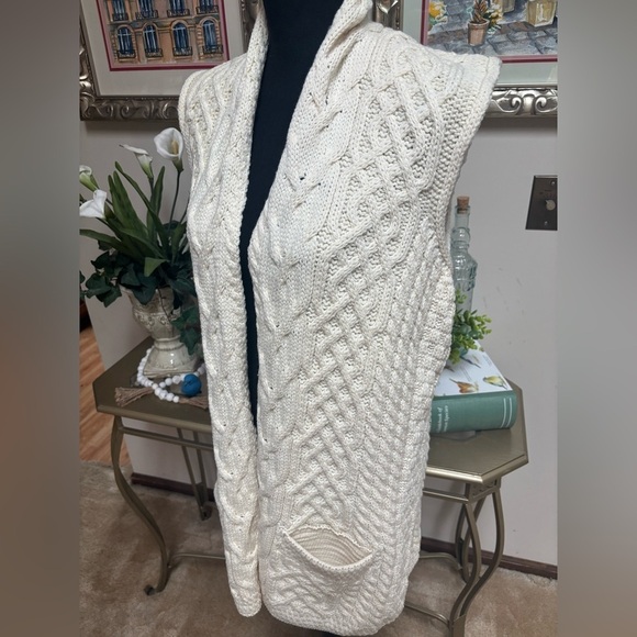 KILRONAN IRELAND KNITWEAR MERINO WOOL CREAM CABLE KNIT OPEN FRONT VEST SZ S-L - Picture 5 of 14